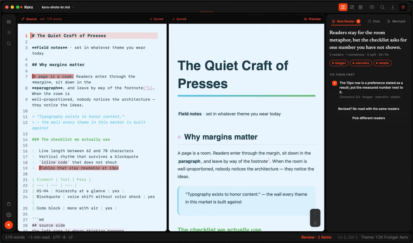 Beta Reader result screen in dark mode