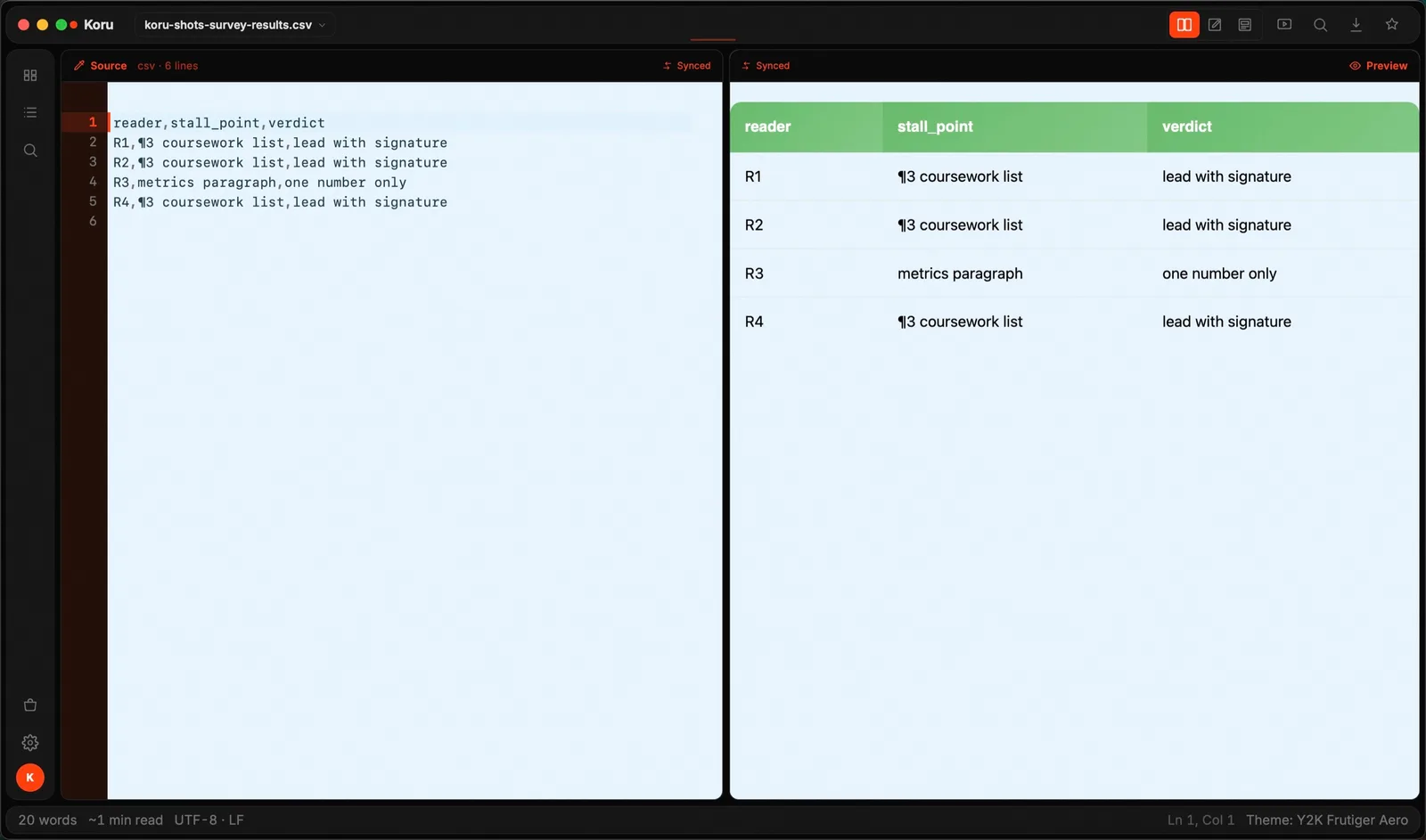 CSV: Rows ⇄ table (real Koru Press window, dark)