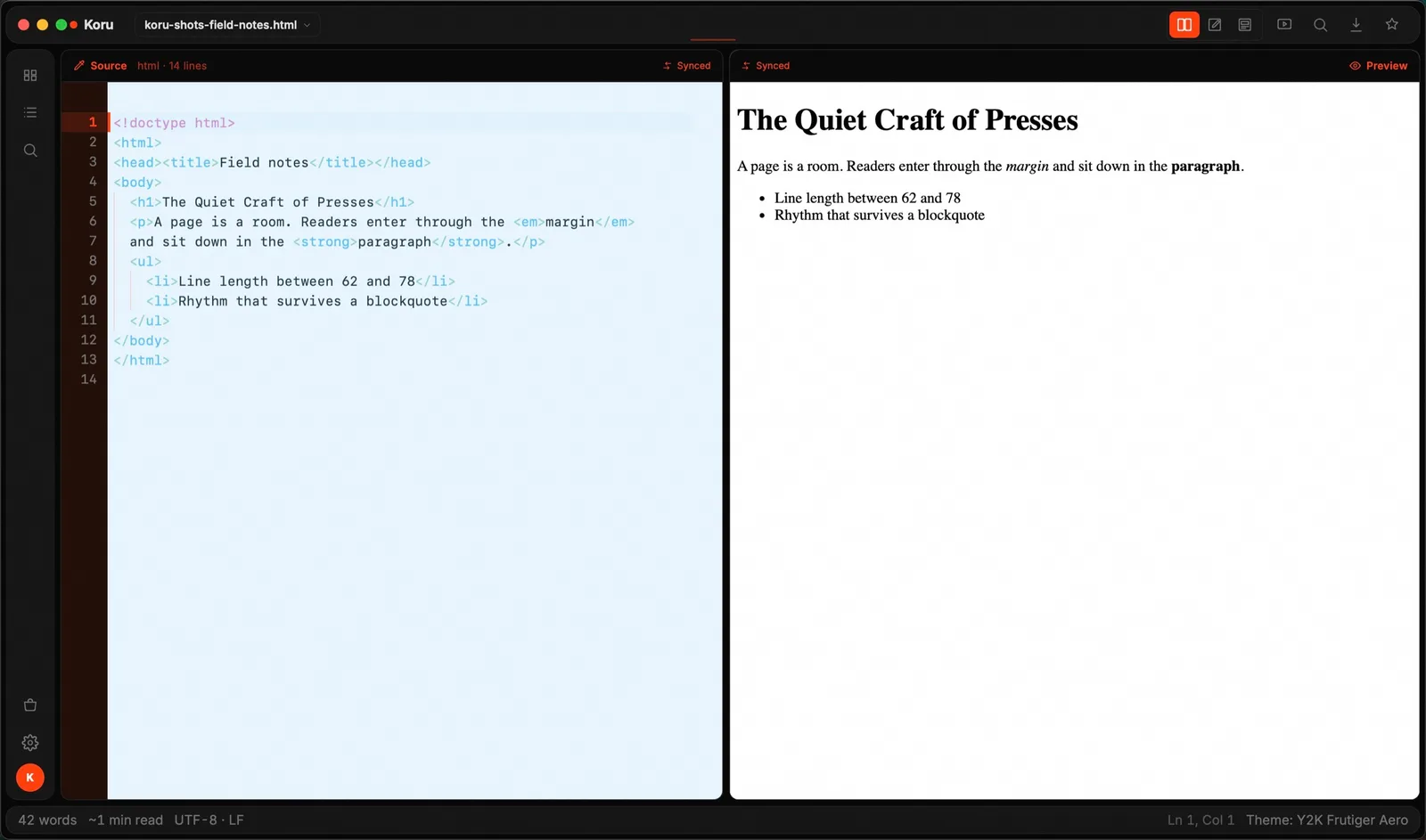 HTML: Markup ⇄ page (real Koru Press window, dark)