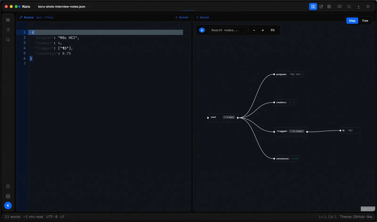JSON: Text ⇄ tree (real Koru Press window, dark)