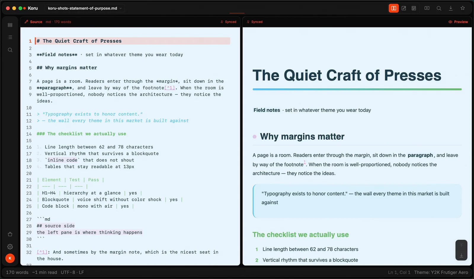 Markdown: Source ⇄ typeset page (real Koru Press window, dark)