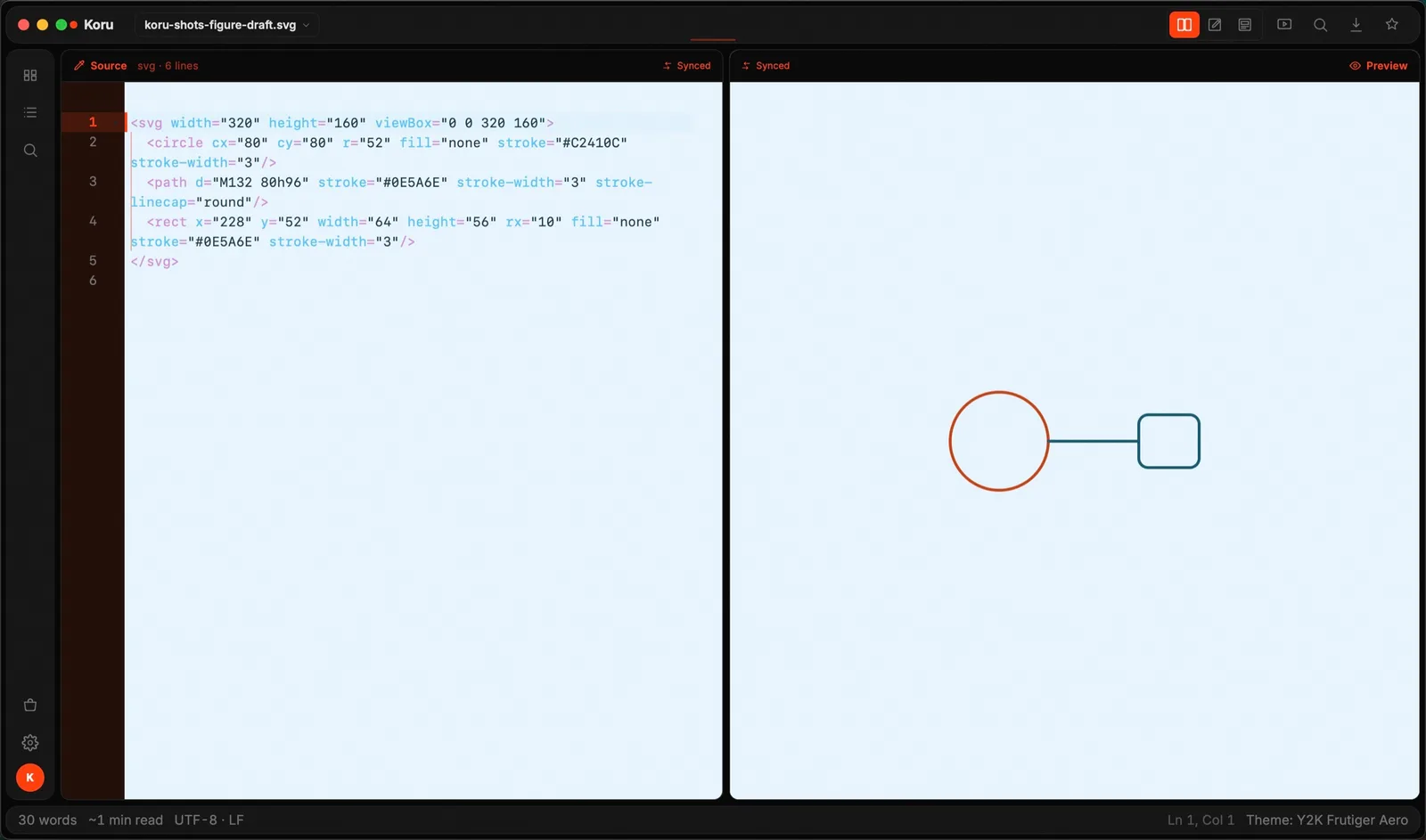 SVG: Markup ⇄ canvas (real Koru Press window, dark)