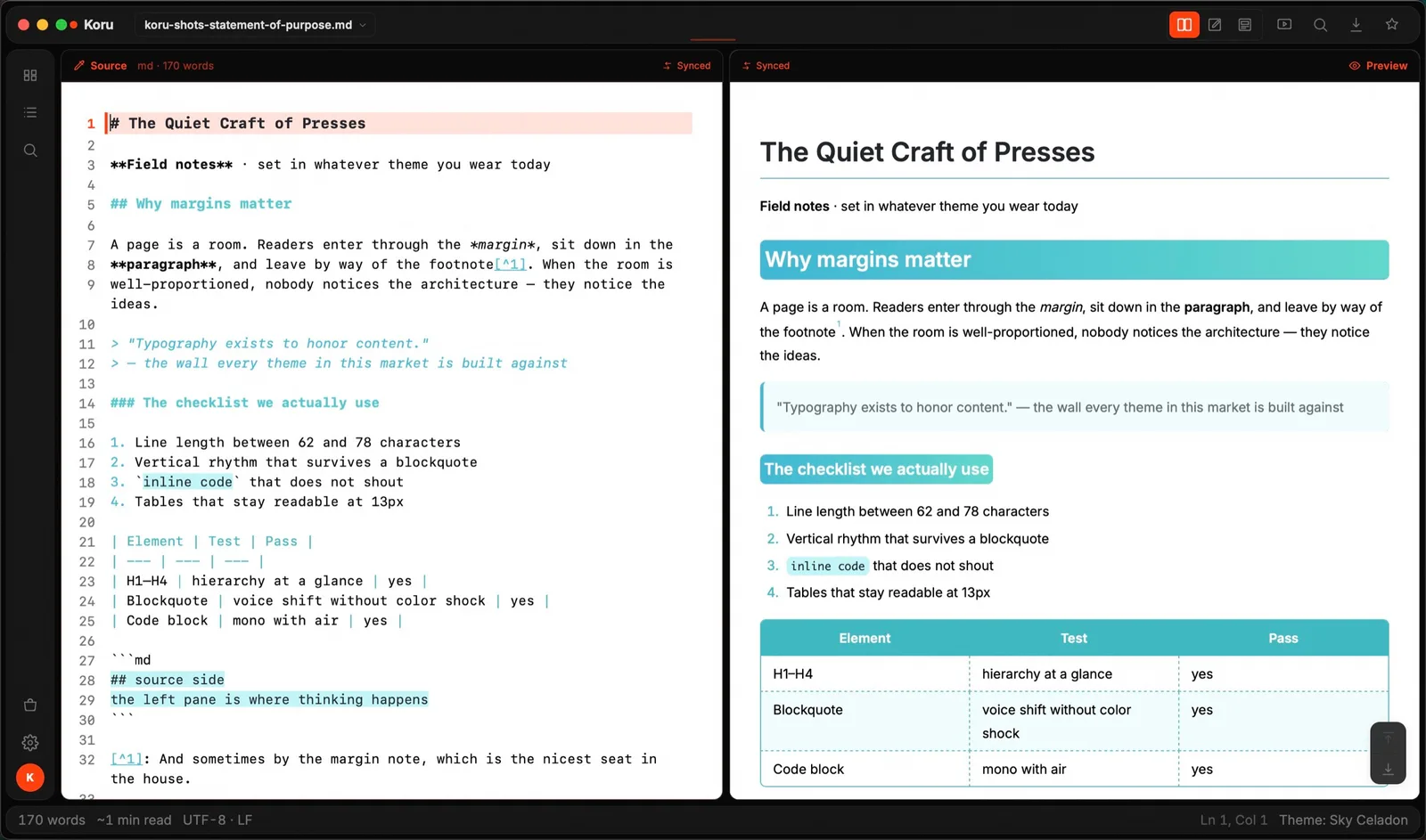 Sky Celadon theme applied in Koru Press (dark)