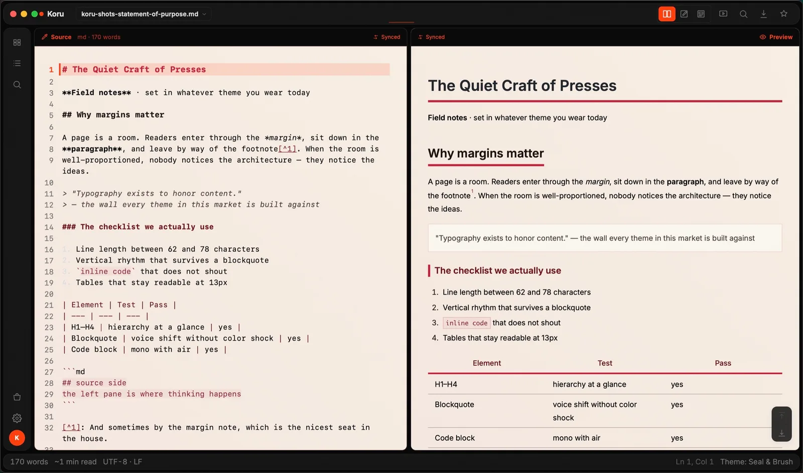Seal & Brush theme applied in Koru Press (dark)