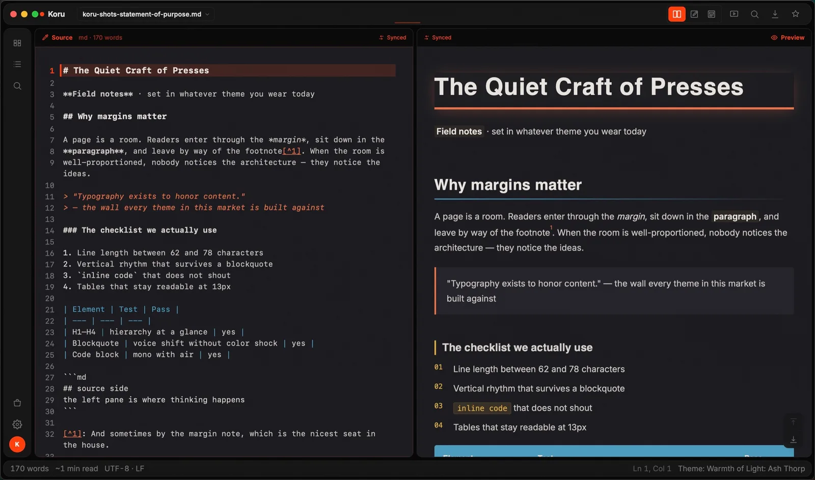 Ash Thorp theme applied in Koru Press (dark)