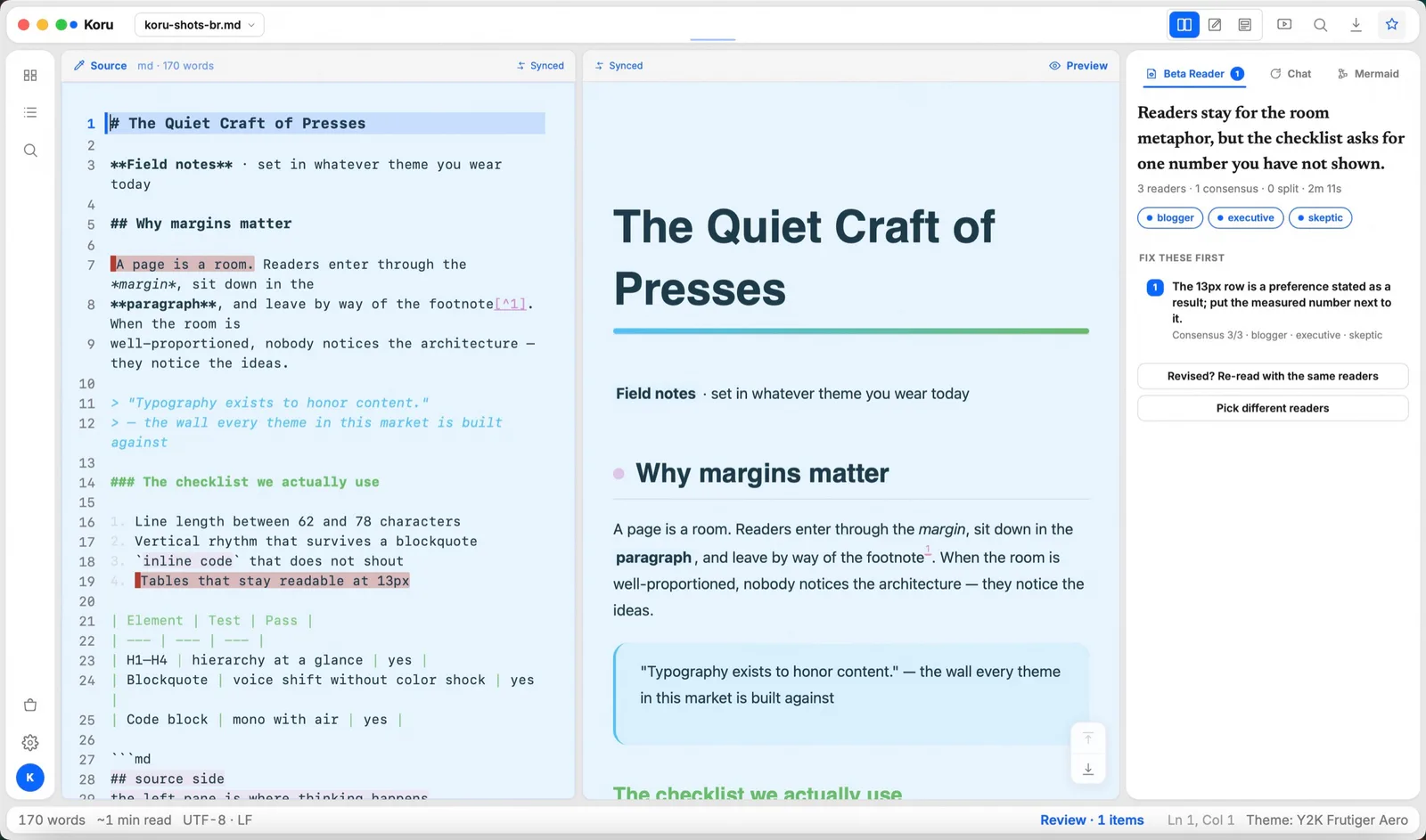 Beta Reader result screen: consensus headline, reader chips, and findings anchored as highlights in the draft