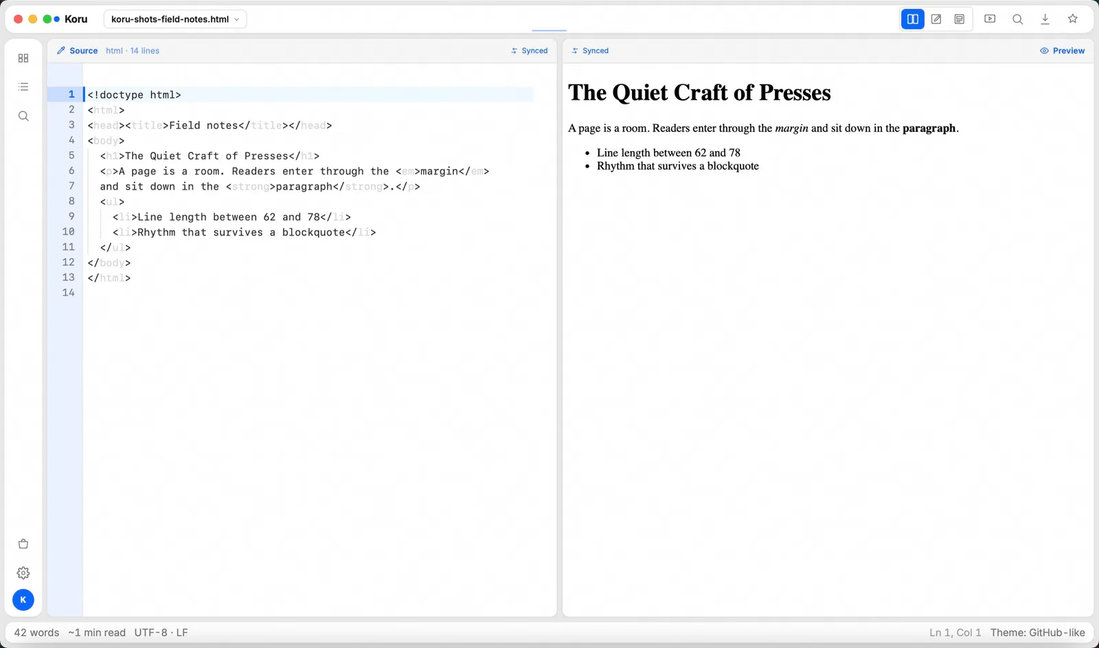 HTML: Markup ⇄ page (real Koru Press window)