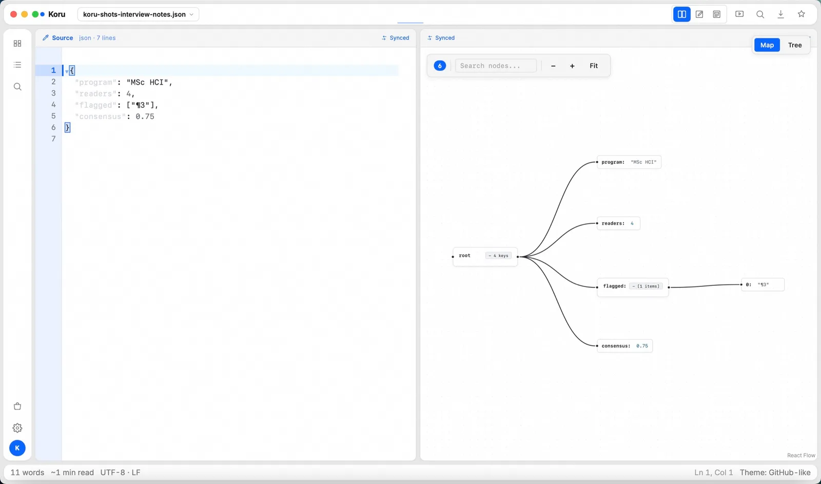 JSON: Text ⇄ tree (real Koru Press window)