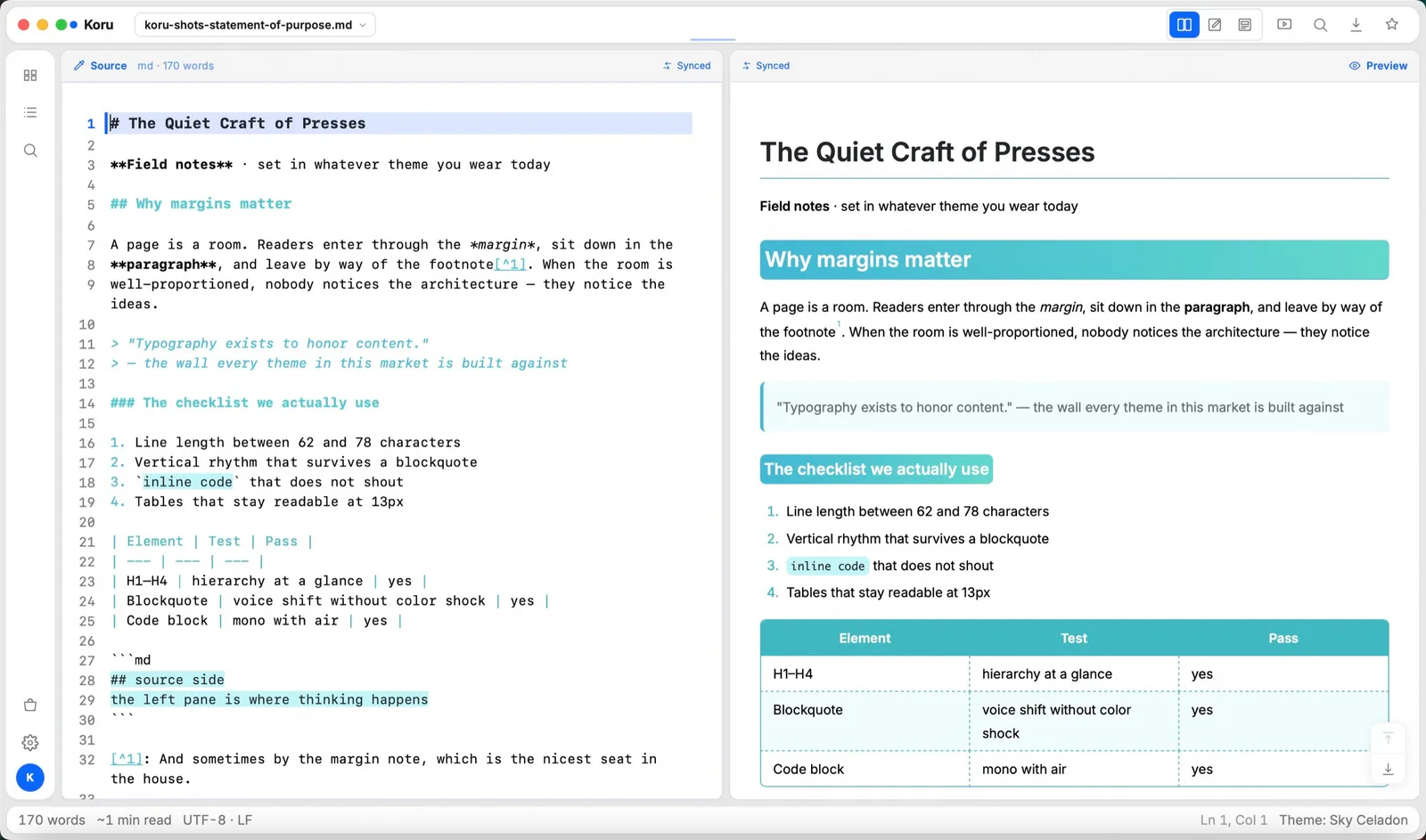 Sky Celadon theme applied in Koru Press