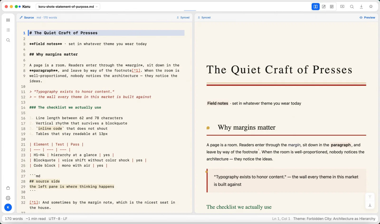 Koru Press split view: Markdown source beside its typeset page